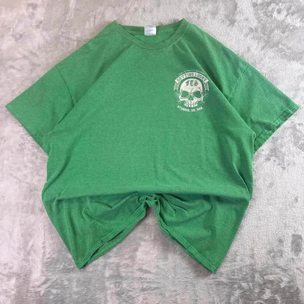 Y2K Full Throttle Saloon Sturgis SD Skull Graphic Tee Green XL Biker - Picture 2 of 8